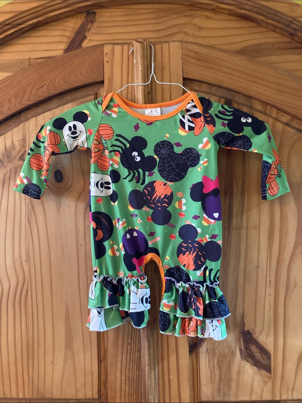 Mickey Mouse green orange Halloween one piece romper size 0-6 months